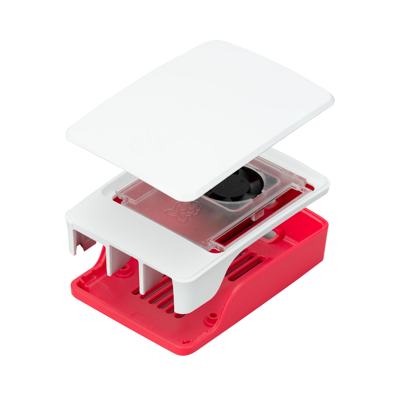 เคส Raspberry Pi 5 สีแดง-ขาว พร้อมพัดลมระบายความร้อนในตัว